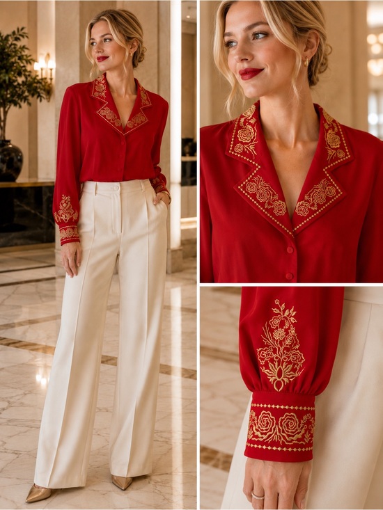 Diane Von Furstenberg Tops - Vintage 100% Silk Diane Von Furstenberg Red Gold Embroidered Button Front Blouse